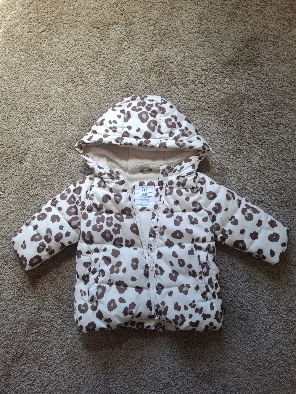 12-18M GAP Baby Puffer Jacket with Brown Leopard Print